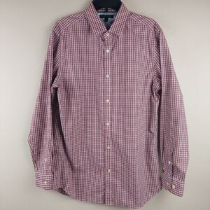 Banana Republic L Slim Fit Non-Iron Shirt Red Black White Plaid Button-Up Cotton